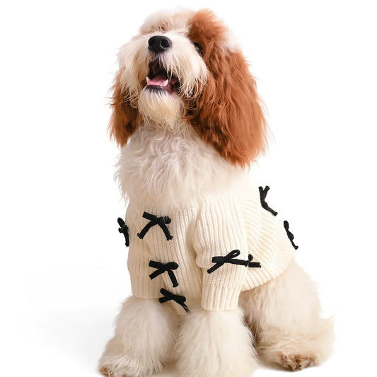 Witte gebreide hondentrui met zwart strikeontwerp