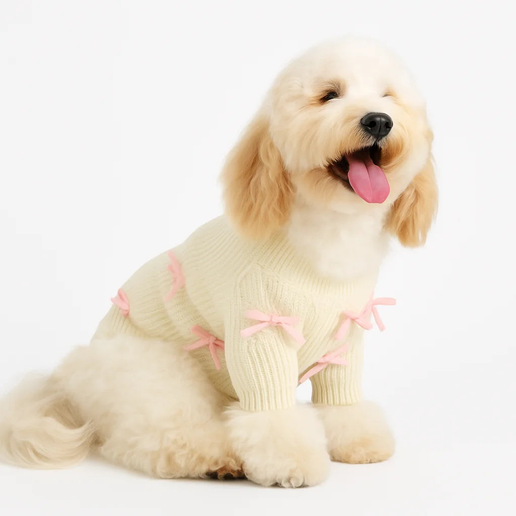 Crèmekleurige gebreide hondentrui met roze strikaccenten